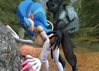 Wolf-like creature fucking a fantasy 3D hottie with blue hair