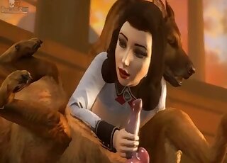 3D brunette strokes dog dick while getting pounded by German Shepherd