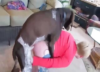 Hot animal with a stiff penis fucks a lady in a black skirt that cums